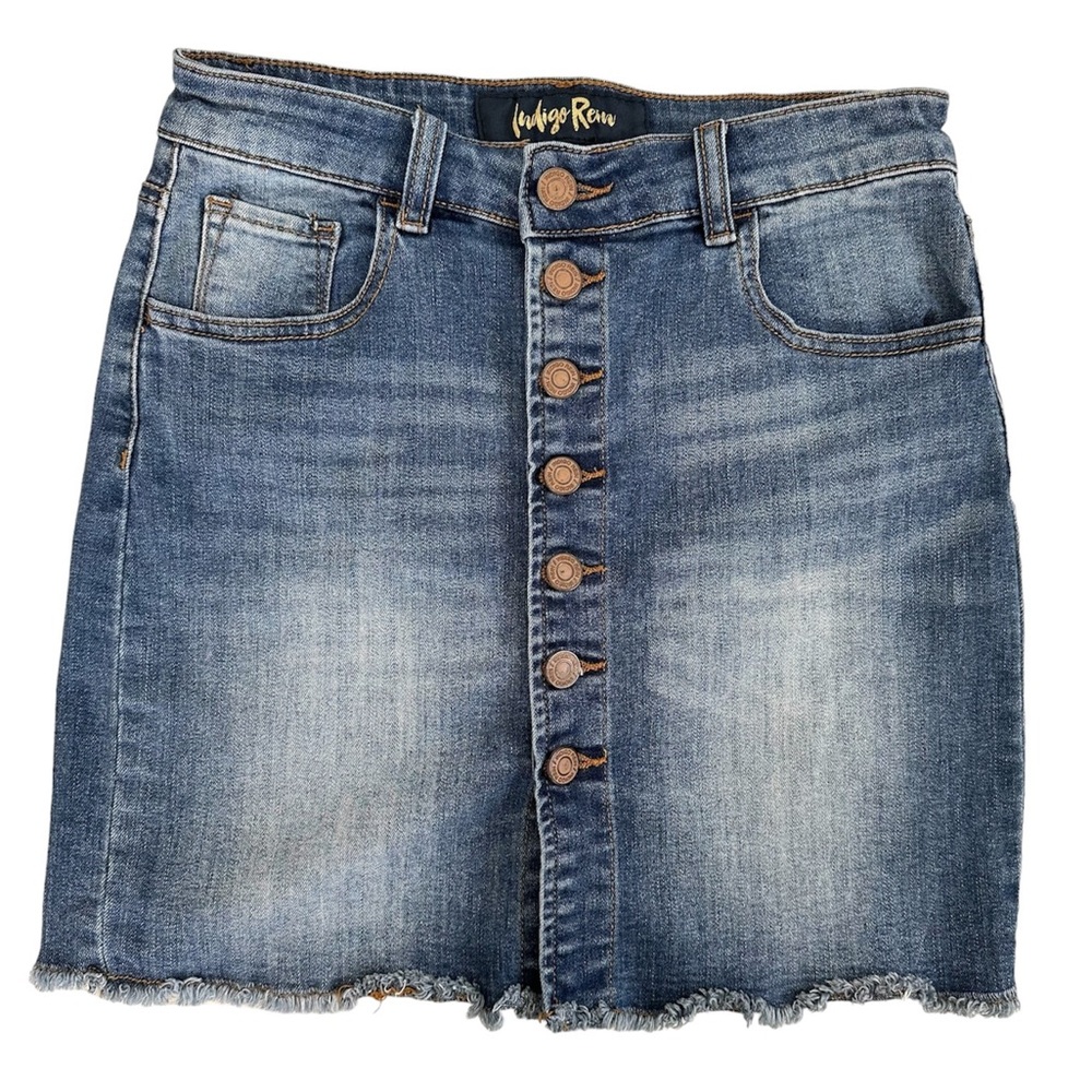 Indigo Rein Boho Button Up Medium Wash Frayed Hem Jean Mini Skirt Size 1/24